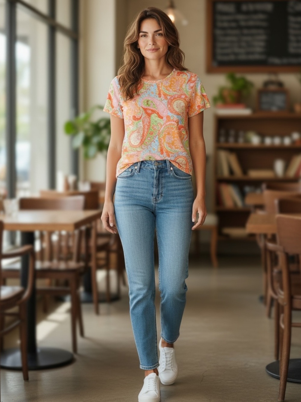 Caribbean Joe. Petite Med short sleeve Tee. Green/Orange tropical colors.